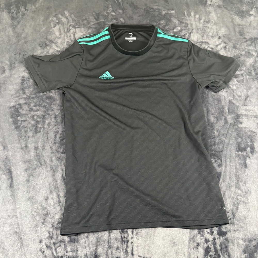 Adidas Athletic Shirt Mens Medium Grey Teal Climalite Short Sleeve 3-Stripe